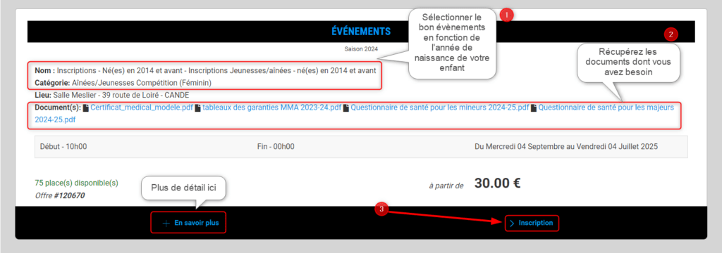 8-Dans "évènements" sélectionner la bonne catégorie en scrollant et cliquer sur inscriptions